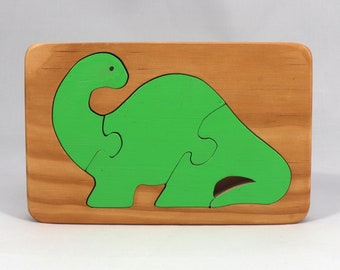 Wooden Dinosaur Puzzle with Tray - Three Pieces - Handmade With Amber Shellac and Green Acrylic Finish - Made To Order