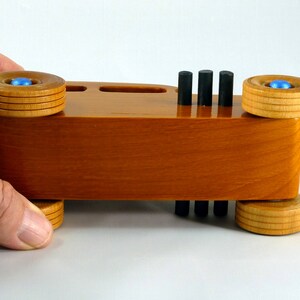 Handmade Wood Toy Car Hot Rod 1932 Sedan Finished With Amber Shellac And Trimmed With Metallic Saphire Blue And Black Acrylic Paint From My Hot Rod Collection