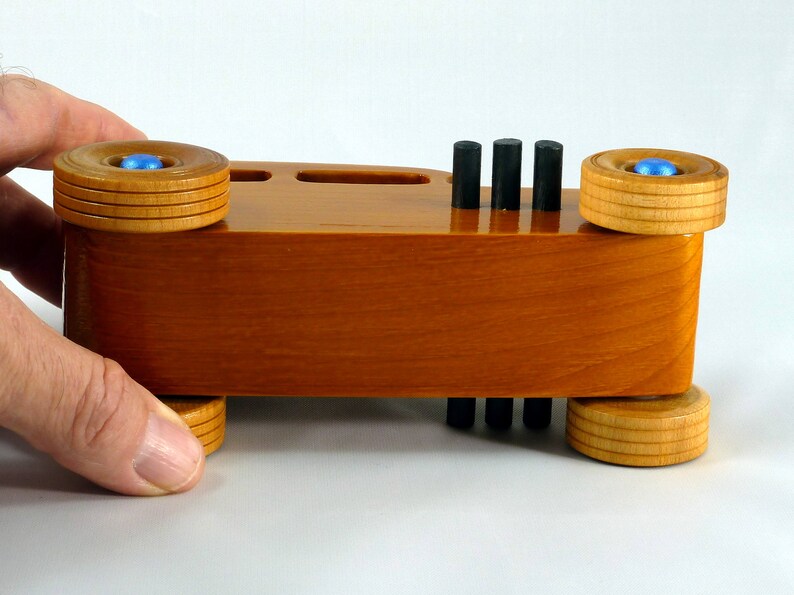Handmade Wood Toy Car Hot Rod 1932 Sedan Finished With Amber Shellac And Trimmed With Metallic Saphire Blue And Black Acrylic Paint From My Hot Rod Collection
