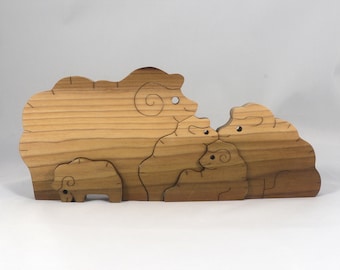 Wooden Sheep Family Puzzle, 5 Piece Farm Animal Stacking Puzzle, Handmade Wood Toy