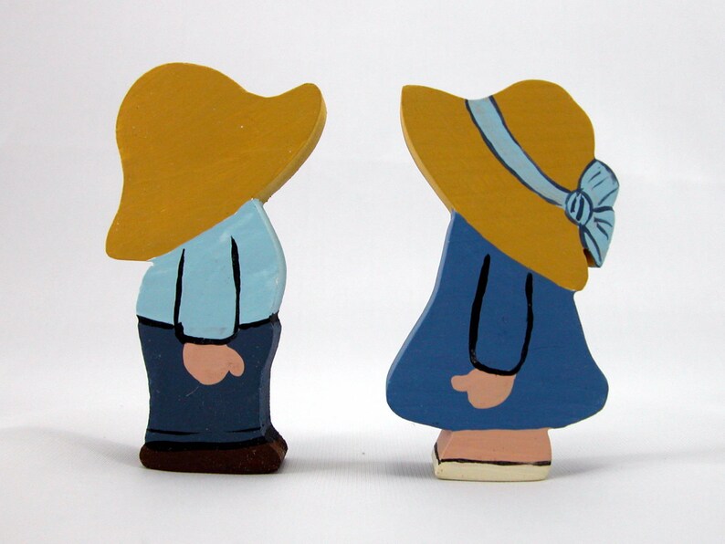 Handmade Wood Blue Dutch Farm Boy and Girl Figurines Hand Painted Knick Knack Country Farmhouse Home Decor