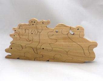 Dog Family Stacker Puzzle, Dad Mom and Puppies, Handmade and Finished with Hot Mineral Oil and Beeswax, Wood Toy Animal, 1083425735