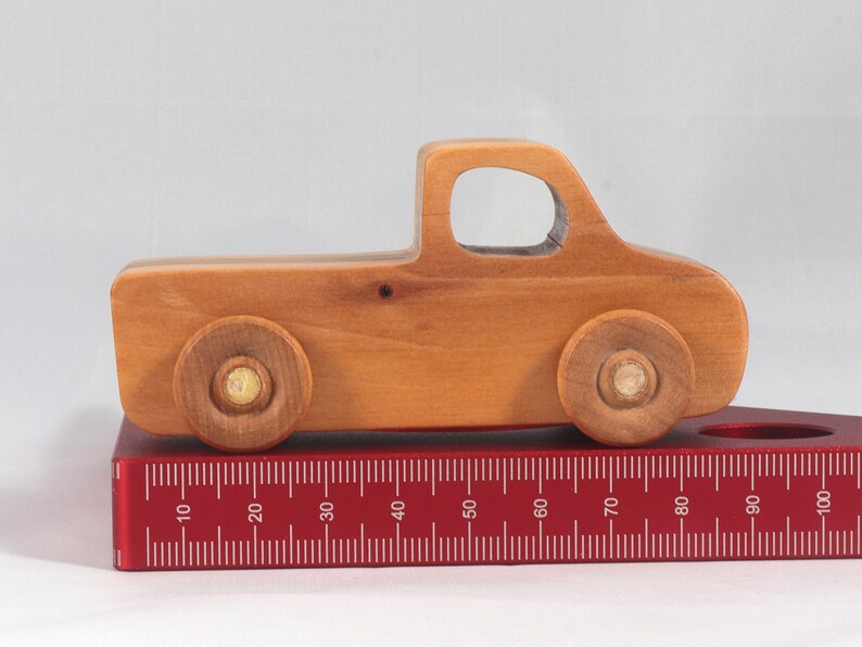 Handmade wooden toy pickup truck handmade from oak, poplar, and birch hardwoods with a satin polyurethane finish from my Play Pal Collection.