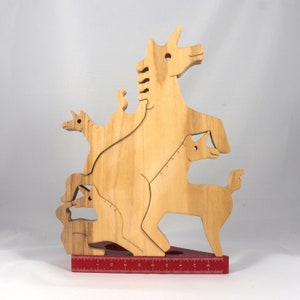 Wood Puzzle, Unicorn Family, Mom, and Babies, Handmade and Finished Freestanding Stackable Toy Fantasy Animal
