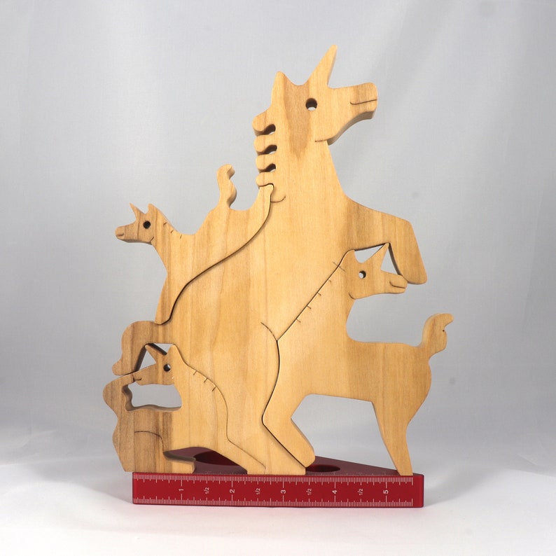 Wood Puzzle, Unicorn Family, Mom, and Babies, Handmade and Finished Freestanding Stackable Toy Fantasy Animal