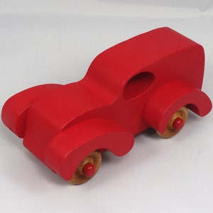 Wood Toy Truck Fat Fendered Panel Wagon Handmade And  Painted With Bright Red Acrylic Paint With Wheels Hand Finished With Nonmarring Amber Shellac From My Fat Fendered Collection