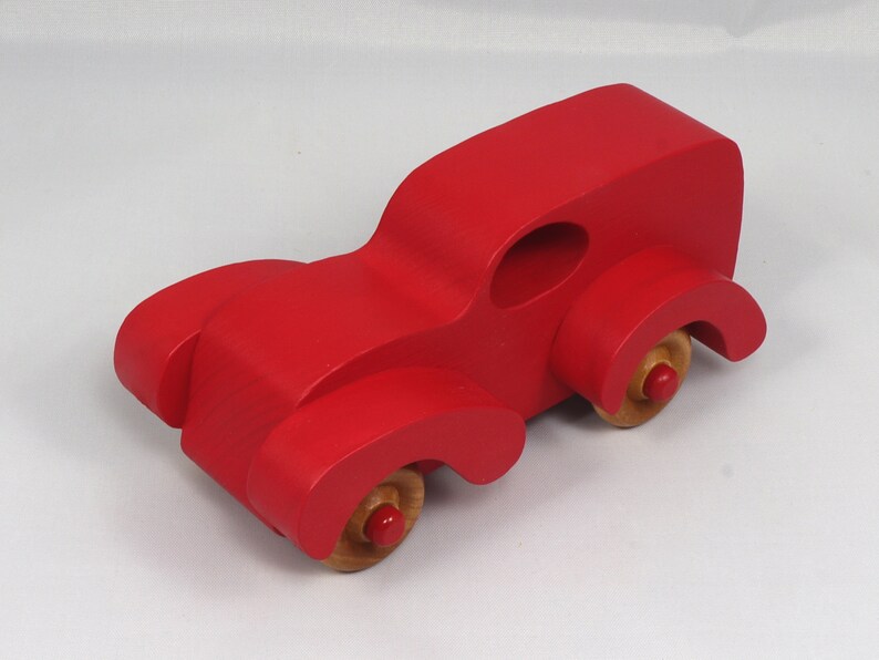 Wood Toy Truck Fat Fendered Panel Wagon Handmade And  Painted With Bright Red Acrylic Paint With Wheels Hand Finished With Nonmarring Amber Shellac From My Fat Fendered Collection