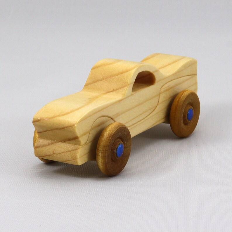 Handmade Wood Toy Car Miniature Pocket Size Itty Bitty Caddy Finished with Mineral Oil, Beeswax, and Metallic Sapphire Blue Acrylic Paint