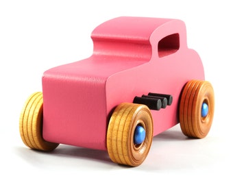 Wooden Toy Car Hot Rod '32 Deuce Coupe Handmade Painted Pink With Metallic Sapphire Blue and Black Trim and Nonmarring Amber Shellac Wheels