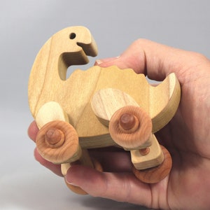 Handmade wooden push toy dinosaur made from select grade hardwoods and finished with a non-toxic coating.