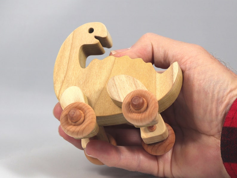 Handmade wooden push toy dinosaur made from select grade hardwoods and finished with a non-toxic coating.