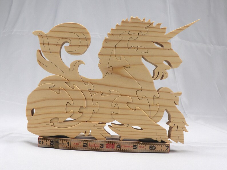 Handmade Wood Fantasy Animal Puzzle of a Unicorn, Finished with a Custom Blend of Oils and Waxes