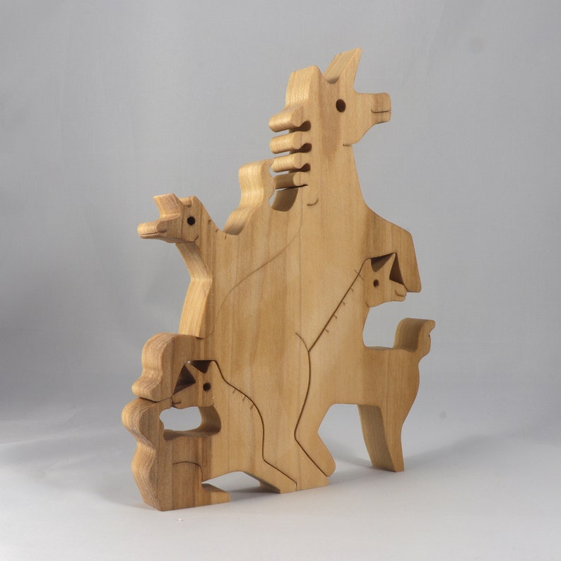 Wood Puzzle, Unicorn Family, Mom, and Babies, Handmade and Finished Freestanding Stackable Toy Fantasy Animal
