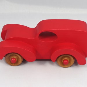 Wood Toy Truck Fat Fendered Panel Wagon Handmade And  Painted With Bright Red Acrylic Paint With Wheels Hand Finished With Nonmarring Amber Shellac From My Fat Fendered Collection