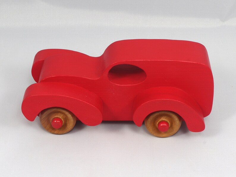 Wood Toy Truck Fat Fendered Panel Wagon Handmade And  Painted With Bright Red Acrylic Paint With Wheels Hand Finished With Nonmarring Amber Shellac From My Fat Fendered Collection