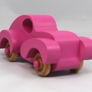 Wood Toy Car Handmade And Finished With Hot Pink Acrylic Paint and Amber Shellac From My Fat Fendered Ford Collection