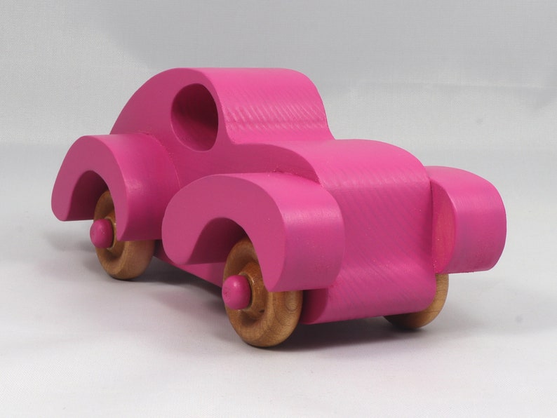 Wood Toy Car Handmade And Finished With Hot Pink Acrylic Paint and Amber Shellac From My Fat Fendered Ford Collection