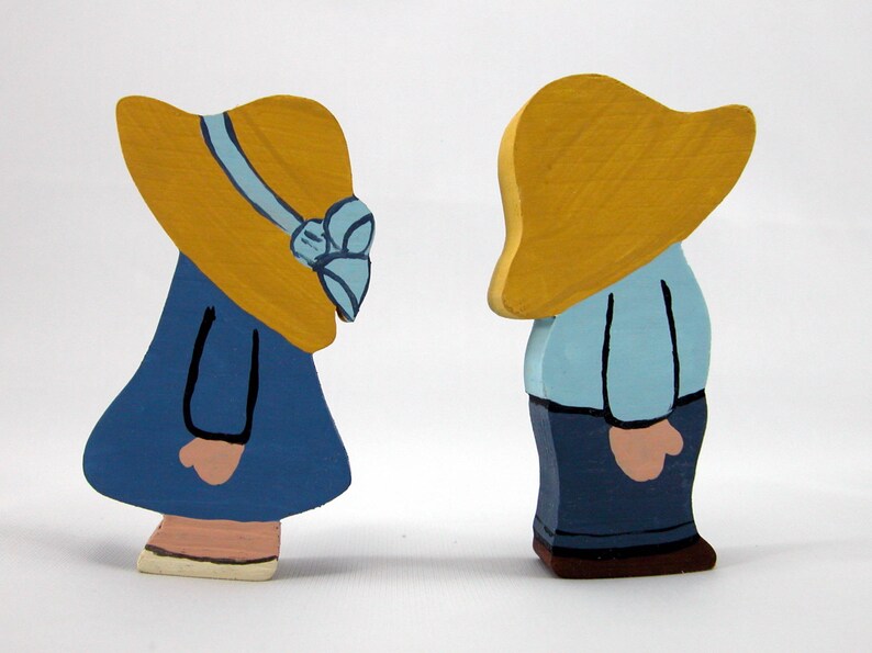 Handmade Wood Blue Dutch Farm Boy and Girl Figurines Hand Painted Knick Knack Country Farmhouse Home Decor