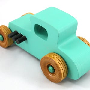 Handmade Wood Toy Car Hot Rod 1927 T-Coupe Painted with Turquoise,  Metallic Emerald Green, And Black Acrylic Paint With Wheels Finished With Nonmaring Amber Shellac Wheels