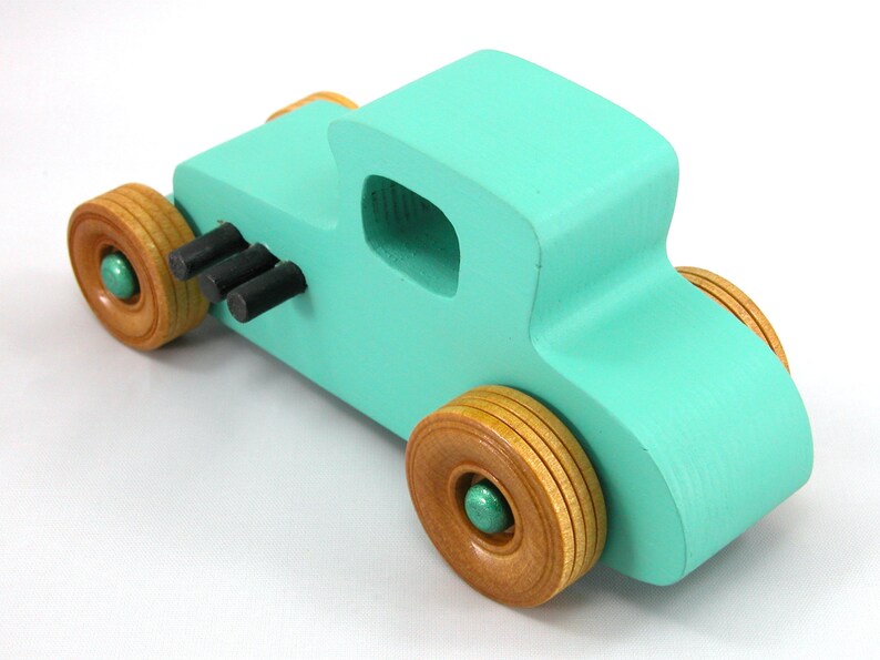 Handmade Wood Toy Car Hot Rod 1927 T-Coupe Painted with Turquoise,  Metallic Emerald Green, And Black Acrylic Paint With Wheels Finished With Nonmaring Amber Shellac Wheels