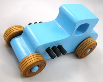 Wooden Toy Car Hot Rod '27 T-Coupe Painted Baby Blue and Black With Nonmaring Amber Shellac Wheels From My Hot Rod Collection