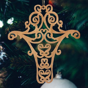 Handmade Wooden Victorian Style Fretwork Cross Christmas Tree Ornament - Made In USA