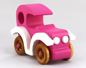 Handmade Wooden Toy Car: Vintage Style Sedan, Pink and White
