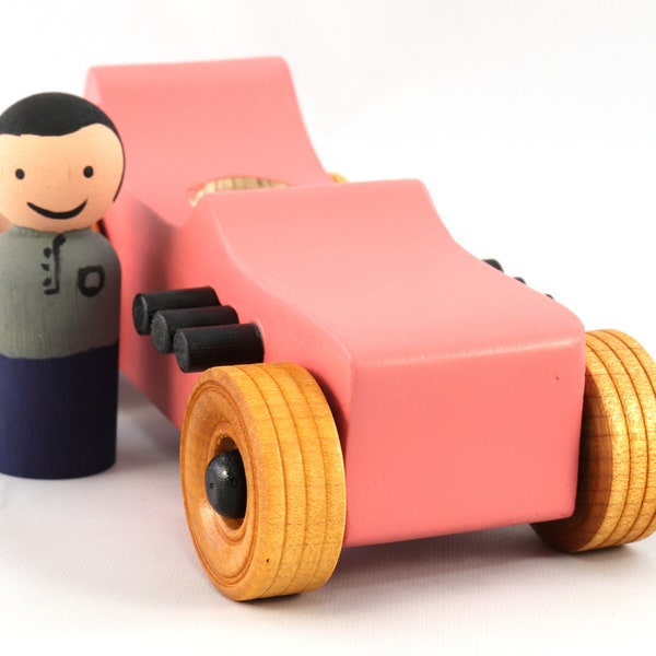 Wood Toy Car, Hot Rod '27 T-Bucket w/Peg Doll Driver, Handmade, Painted Pink, Black, and Amber, Freaky Ford Collection, Made To Order