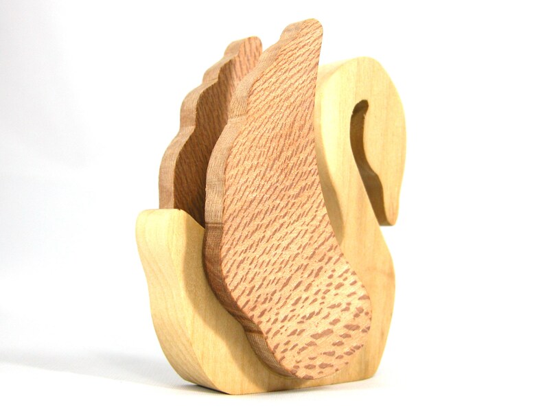 Handmade wooden swan figurine crafted from contrasting reclaimed hardwoods, sanded and ready to finish, and made in the USA.