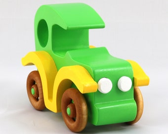 Wooden Toy Car: Handmade Vintage Style Model T, Green & Yellow, Made In The USA