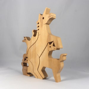 Wood Puzzle, Unicorn Family, Mom, and Babies, Handmade and Finished Freestanding Stackable Toy Fantasy Animal