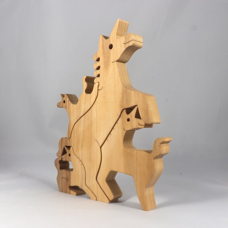 Wood Puzzle, Unicorn Family, Mom, and Babies, Handmade and Finished Freestanding Stackable Toy Fantasy Animal
