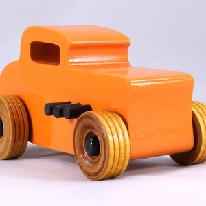 Handmade Wood Toy Car, Hot Rod '32 Deuce Coupe, Painted High Gloss Pumpkin Orange and trimmed with Black Acrylic Paint and Nonmaring Amber Shellac Finished Wheels