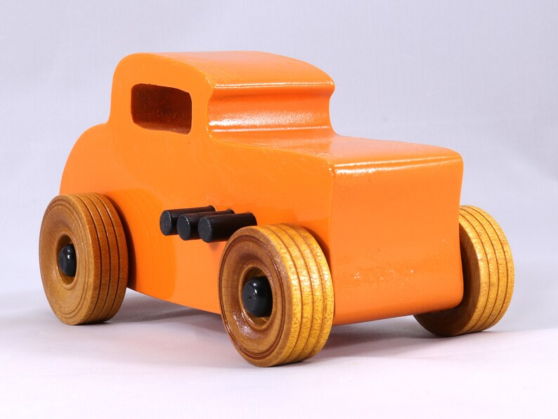 Handmade Wood Toy Car, Hot Rod '32 Deuce Coupe, Painted High Gloss Pumpkin Orange and trimmed with Black Acrylic Paint and Nonmaring Amber Shellac Finished Wheels