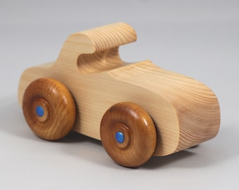 Wooden Toy Car: Shellac Finish, Sapphire Blue Trim