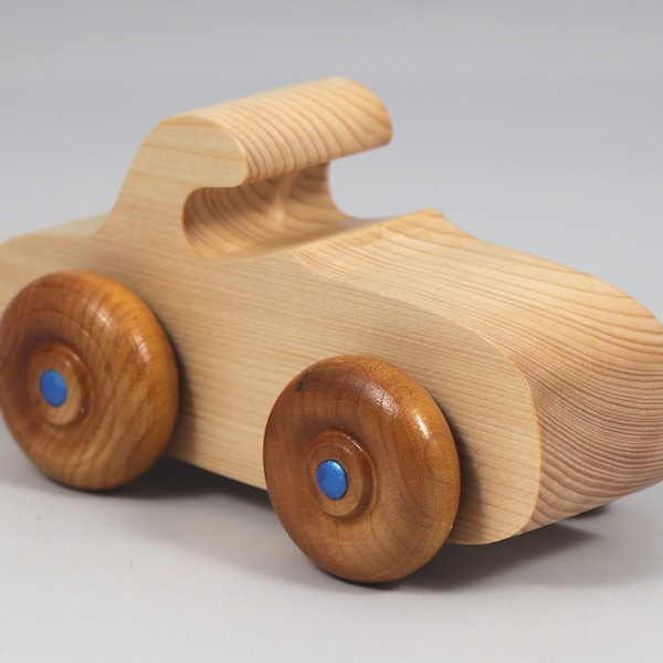 Wooden Toy Car Handmade and finished With Clear And Amber Shellac With Metallic Sapphire Blue Trim - Made Toy Order