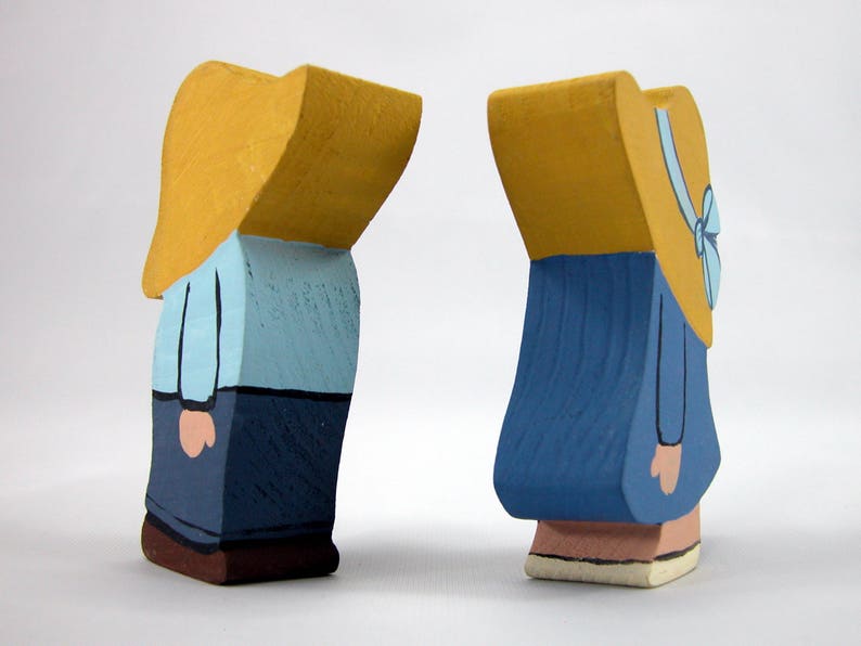 Handmade Wood Blue Dutch Farm Boy and Girl Figurines Hand Painted Knick Knack Country Farmhouse Home Decor