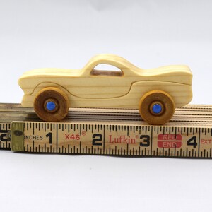 Handmade Wood Toy Car Miniature Pocket Size Itty Bitty Caddy Finished with Mineral Oil, Beeswax, and Metallic Sapphire Blue Acrylic Paint