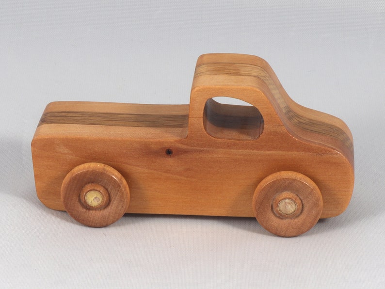 Handmade wooden toy pickup truck handmade from oak, poplar, and birch hardwoods with a satin polyurethane finish from my Play Pal Collection.