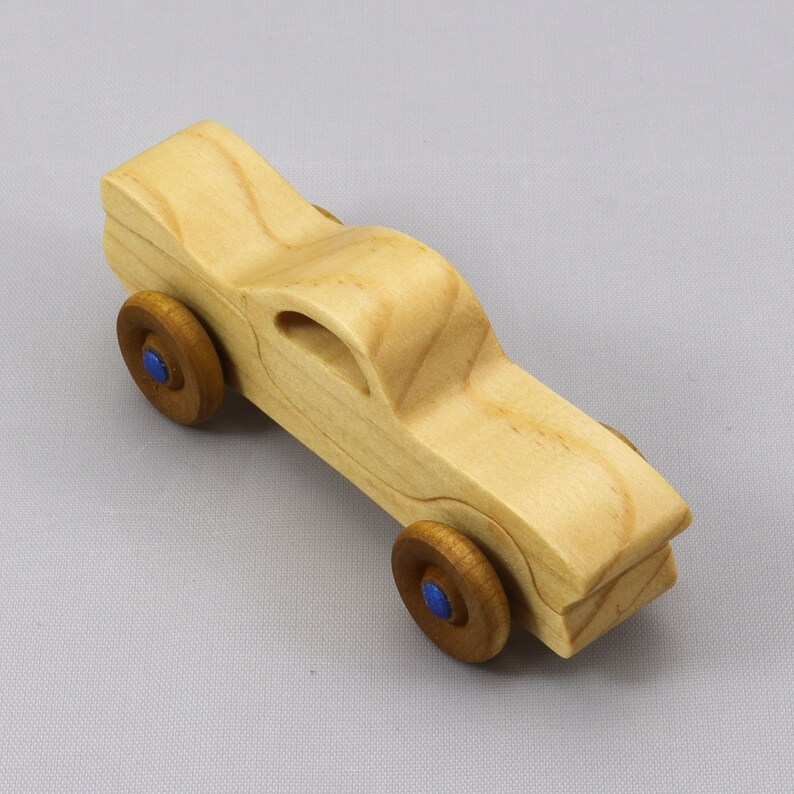 Handmade Wood Toy Car Miniature Pocket Size Itty Bitty Caddy Finished with Mineral Oil, Beeswax, and Metallic Sapphire Blue Acrylic Paint