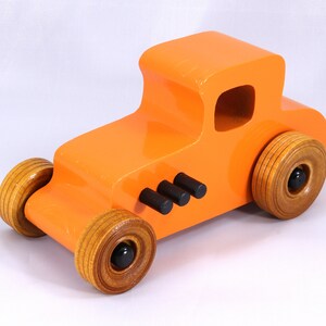 Handmade Wood Toy Car Hot Rod '27 T-Coupe Finished with Pumpkin Orange and Black Acrylic Paint and Amber Shellac