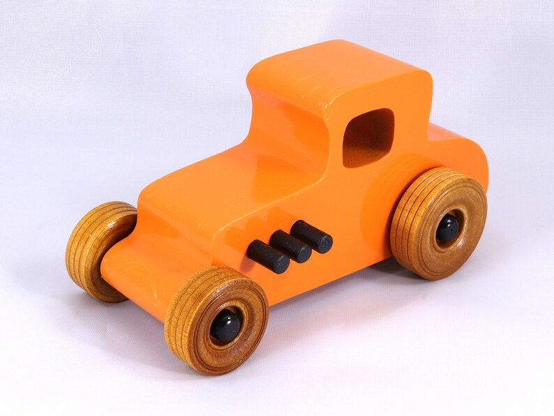 Handmade Wood Toy Car Hot Rod '27 T-Coupe Finished with Pumpkin Orange and Black Acrylic Paint and Amber Shellac