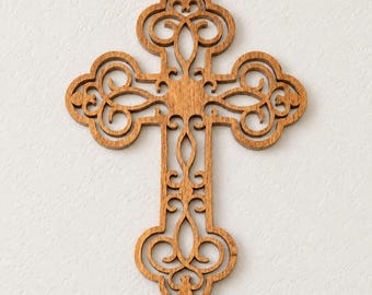 Handmade Wooden Cross Wall Decor, Victorian Fretwork, Reclaimed Hardwood, 10 Inch Christian Wall Art