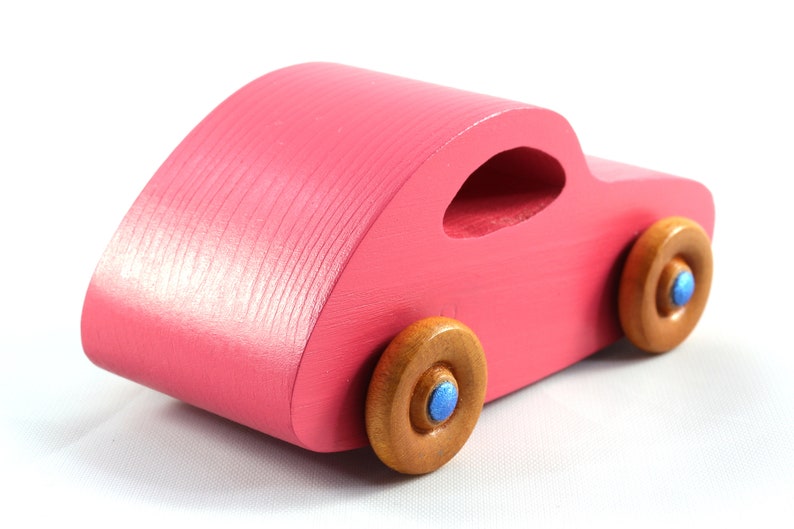 Wood Toy Car, Handmade and Finished with Pink and Metallic Sapphire Blue Acrylic Paint and Amber Shellac from the Play Pal Collection image 3