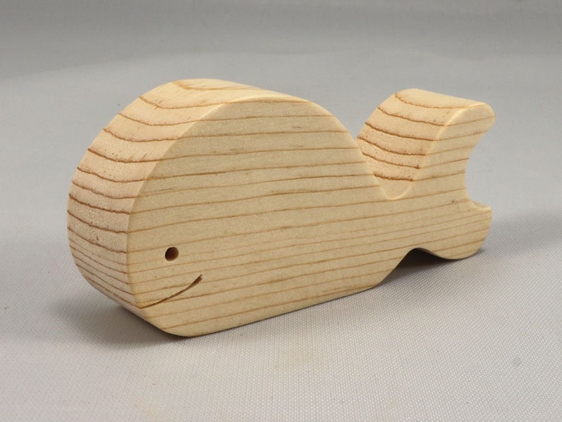 Handmade unfinished wooden whale toy cutout, chunky freestanding and stackable, sanded smooth and ready to paint, natural wood blank for kids craft and ocean theme play.