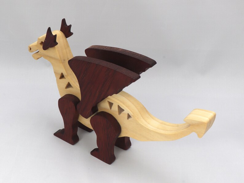 Handmade Wood Dragon Fantasy Animal Figurine Made From Select Grade Contrasting Hardwoods And Finished With A Custom Blend Of Oils and Waxes
