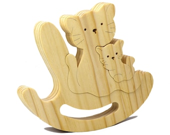 Wooden Puzzle Moma Cat and Baby Kitten in a Rocker, Simple Three-Parts,  Handmade Animal Toy Finished with Oil and Beeswax - Made To Order