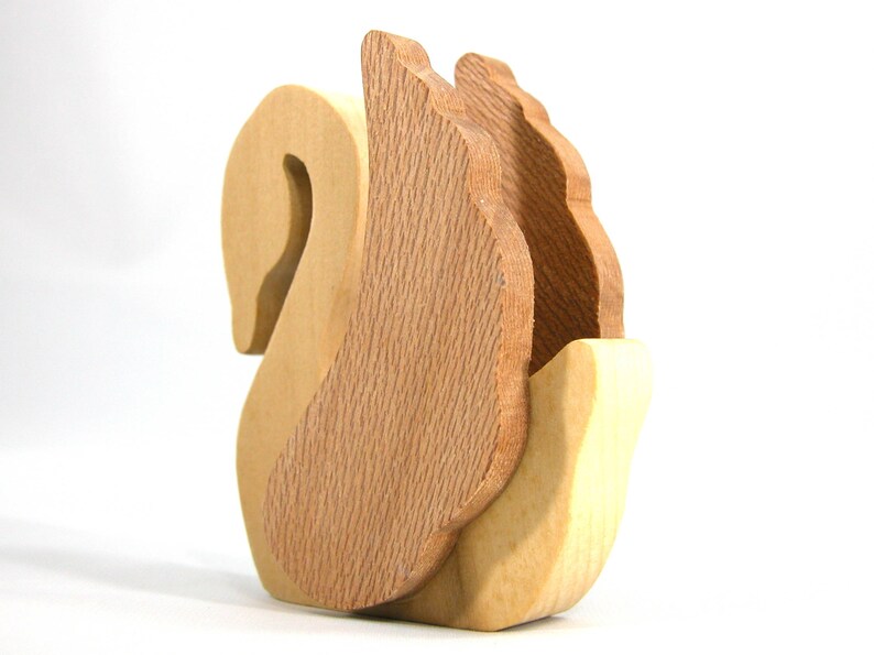 Handmade wooden swan figurine crafted from contrasting reclaimed hardwoods, sanded and ready to finish, and made in the USA.