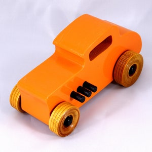 Handmade Wood Toy Car, Hot Rod '32 Deuce Coupe, Painted High Gloss Pumpkin Orange and trimmed with Black Acrylic Paint and Nonmaring Amber Shellac Finished Wheels