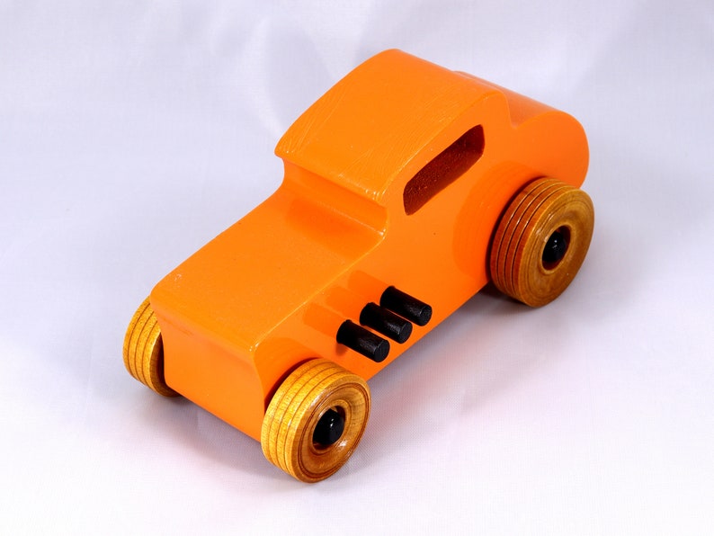 Handmade Wood Toy Car, Hot Rod '32 Deuce Coupe, Painted High Gloss Pumpkin Orange and trimmed with Black Acrylic Paint and Nonmaring Amber Shellac Finished Wheels